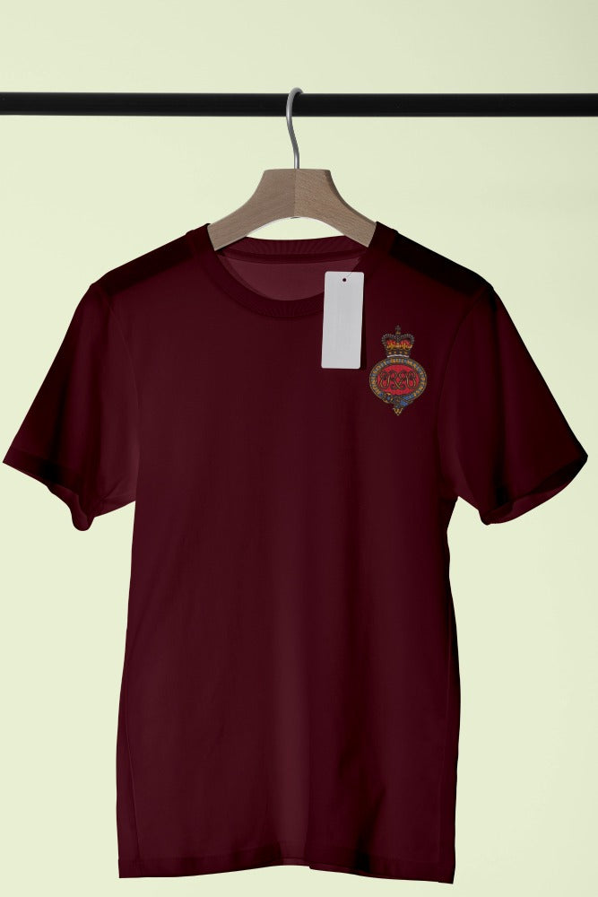 Maroon British Army veterans T-shirt with embroidered military crest, premium quality clothing for UK veterans, ex-forces, and military supporters.