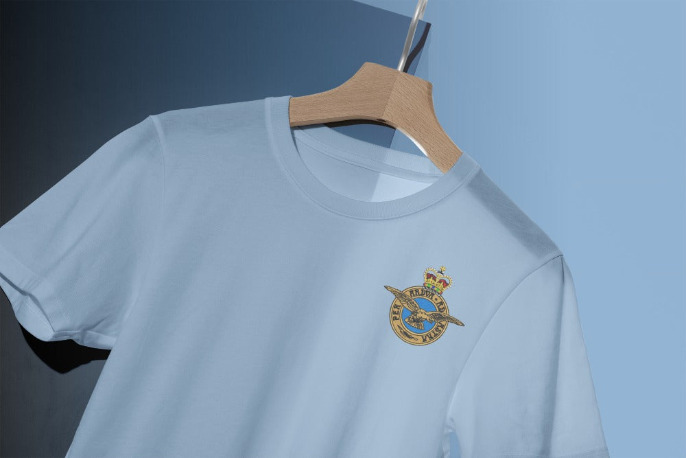 White Royal Air Force T-shirt with embroidered RAF logo, premium military clothing for veterans, RAF personnel, and supporters of the Royal Air Force.