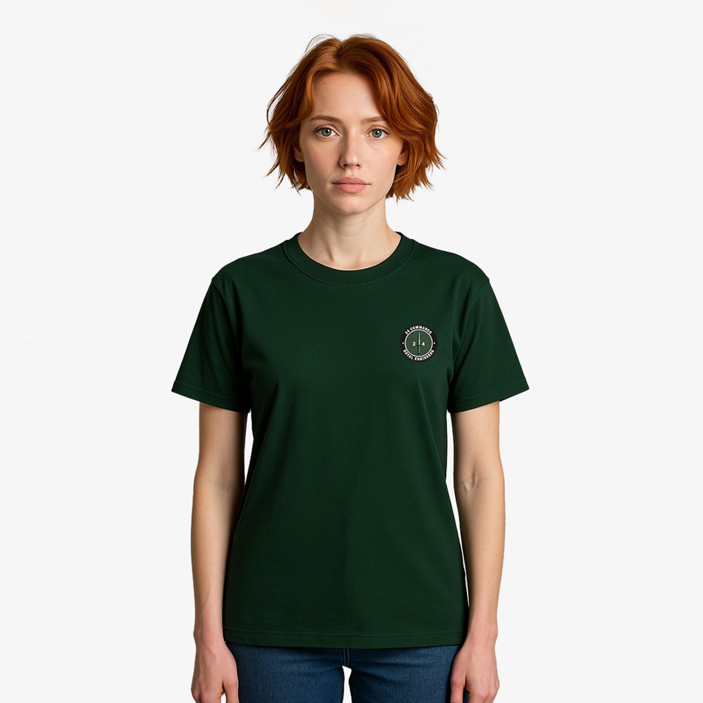 forest green Embroidered T Shirt with 24 Commando Royal Engineers embroidered badge featuring a green circular patch with a black Fairbairn-Sykes fighting knife and white text. Military insignia for UK veterans and serving personnel.