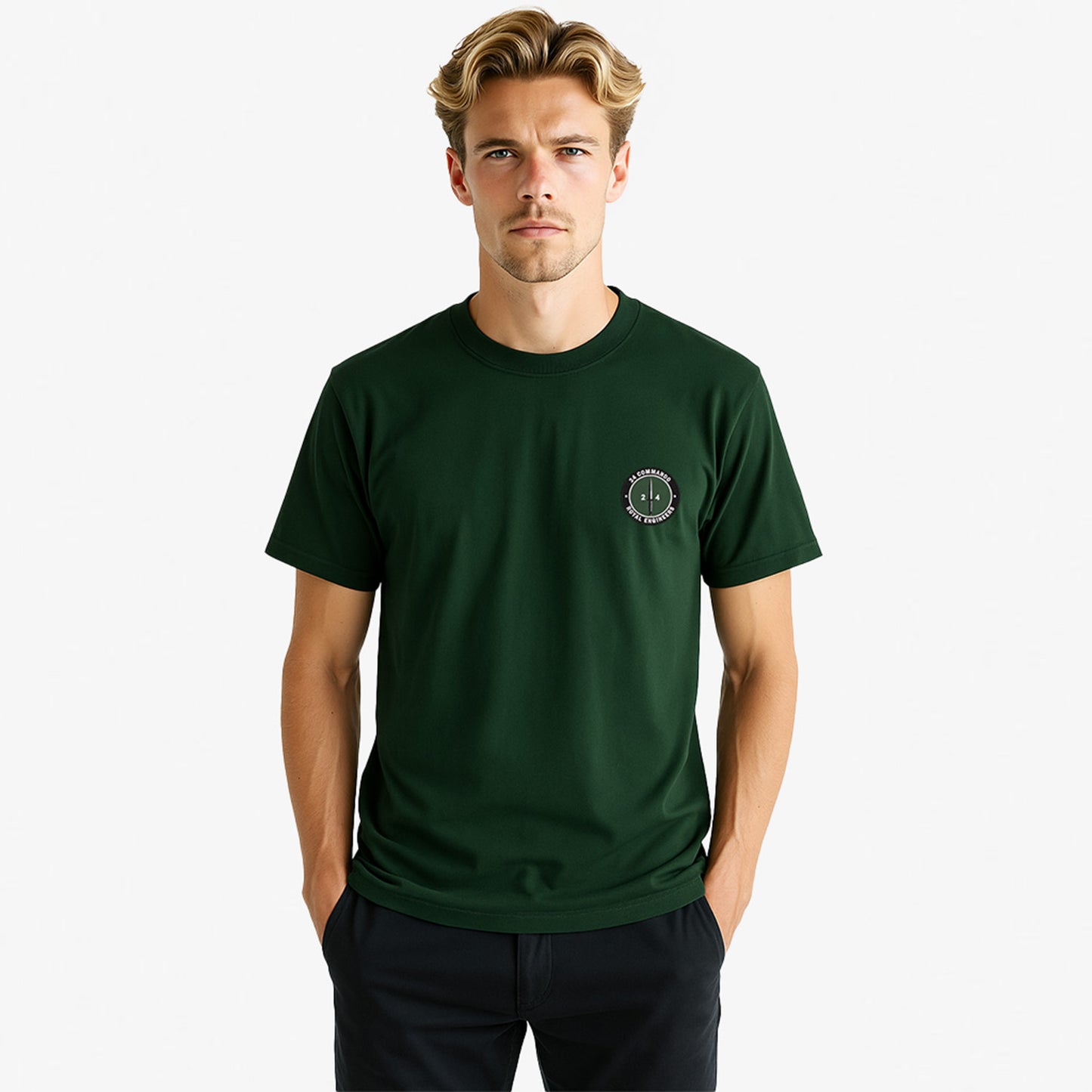 Forest green Embroidered T Shirt with 24 Commando Royal Engineers embroidered badge featuring a green circular patch with a black Fairbairn-Sykes fighting knife and white text. Military insignia for UK veterans and serving personnel.