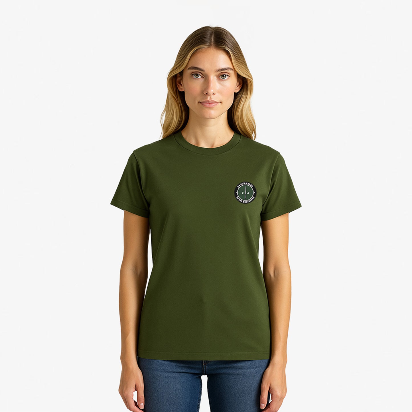 khaki Embroidered T Shirt with 24 Commando Royal Engineers embroidered badge featuring a green circular patch with a black Fairbairn-Sykes fighting knife and white text. Military insignia for UK veterans and serving personnel.