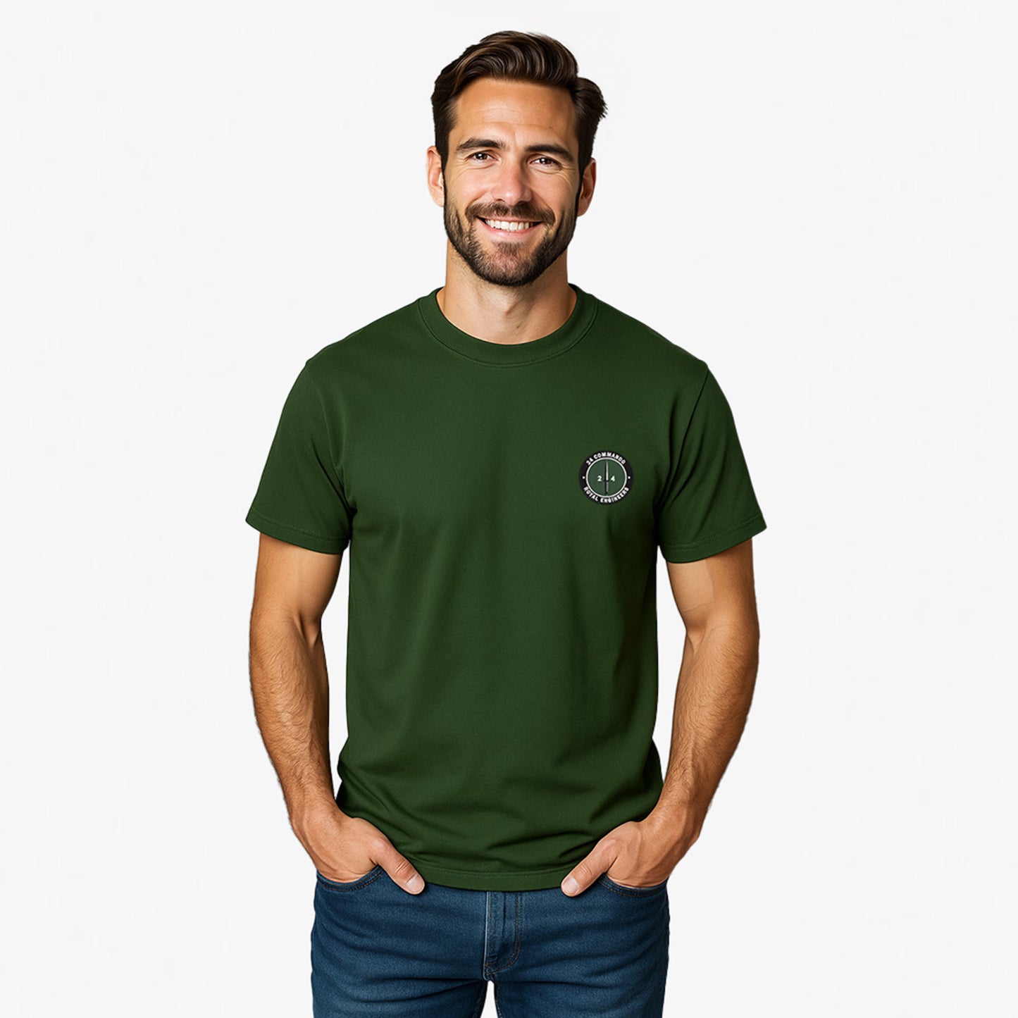 Khaki Embroidered T Shirt with 24 Commando Royal Engineers embroidered badge featuring a green circular patch with a black Fairbairn-Sykes fighting knife and white text. Military insignia for UK veterans and serving personnel.