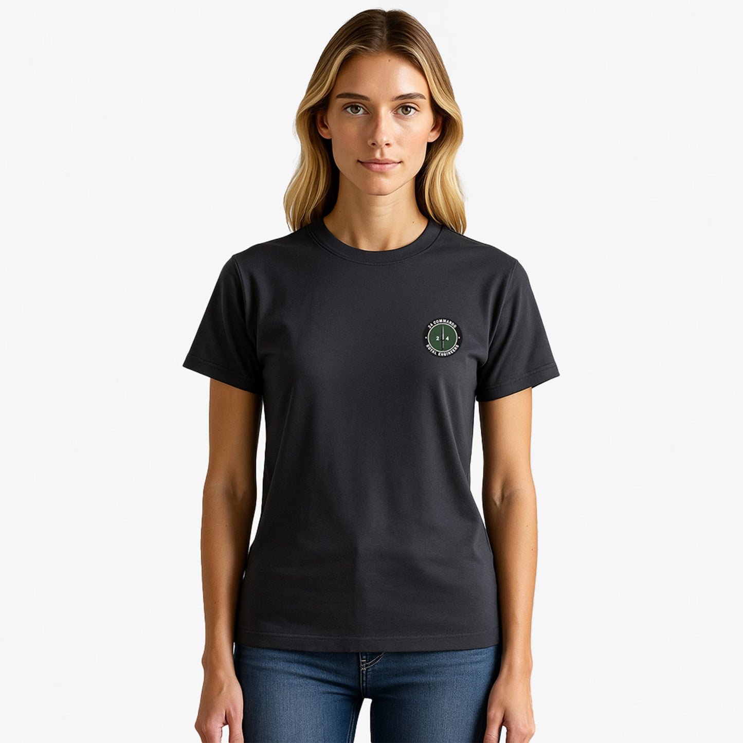 charcoal Embroidered T Shirt with 24 Commando Royal Engineers embroidered badge featuring a green circular patch with a black Fairbairn-Sykes fighting knife and white text. Military insignia for UK veterans and serving personnel.