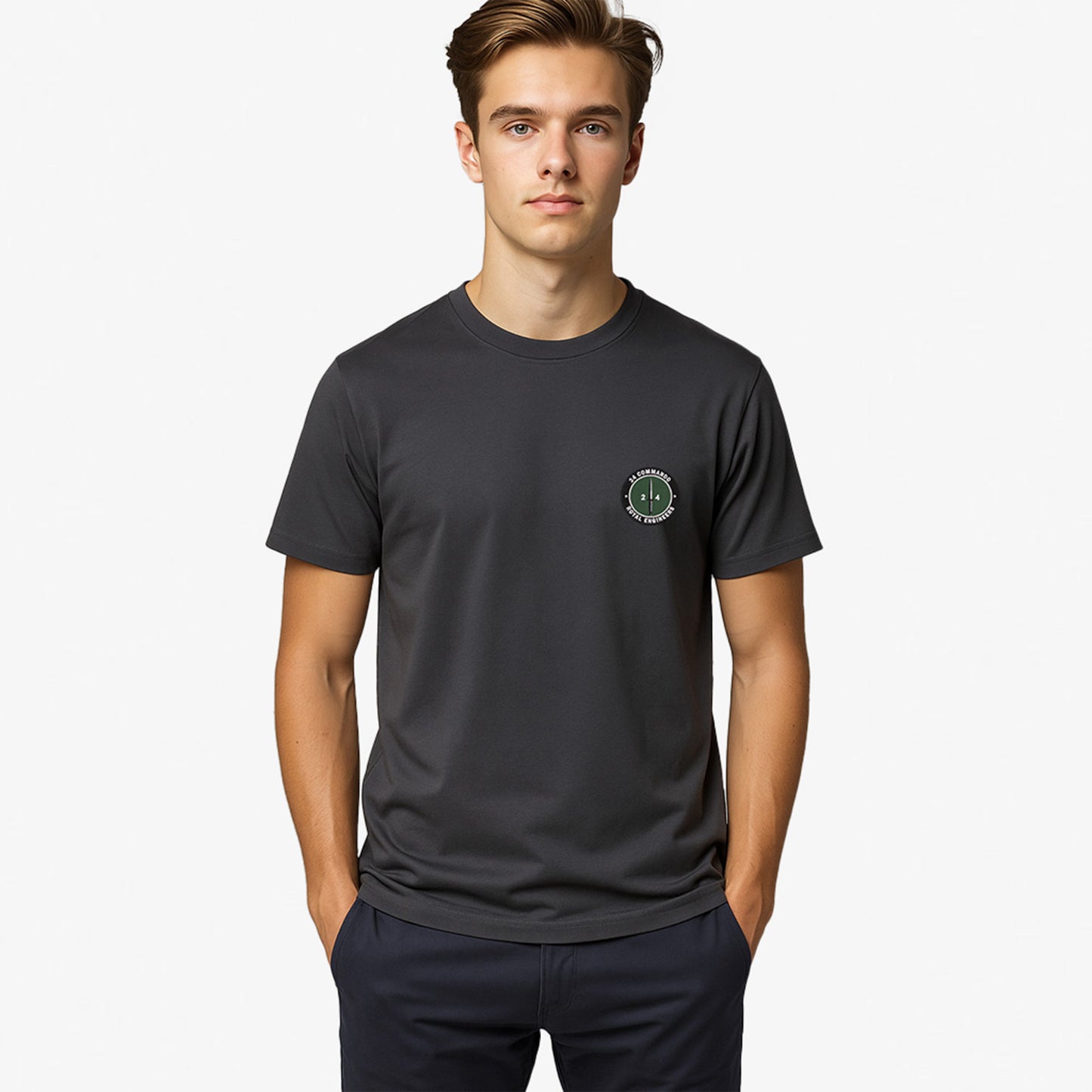 charcoal Embroidered T Shirt with 24 Commando Royal Engineers embroidered badge featuring a green circular patch with a black Fairbairn-Sykes fighting knife and white text. Military insignia for UK veterans and serving personnel.
