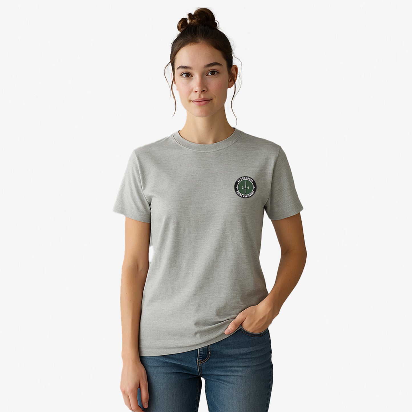 charcoal Embroidered T Shirt with 24 Commando Royal Engineers embroidered badge featuring a green circular patch with a black Fairbairn-Sykes fighting knife and white text. Military insignia for UK veterans and serving personnel.