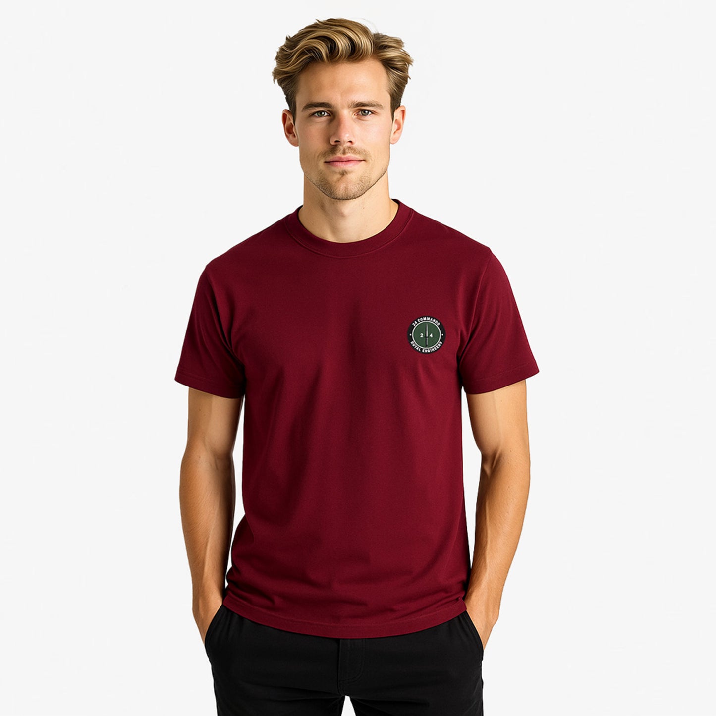 maroon Embroidered T Shirt with 24 Commando Royal Engineers embroidered badge featuring a green circular patch with a black Fairbairn-Sykes fighting knife and white text. Military insignia for UK veterans and serving personnel.