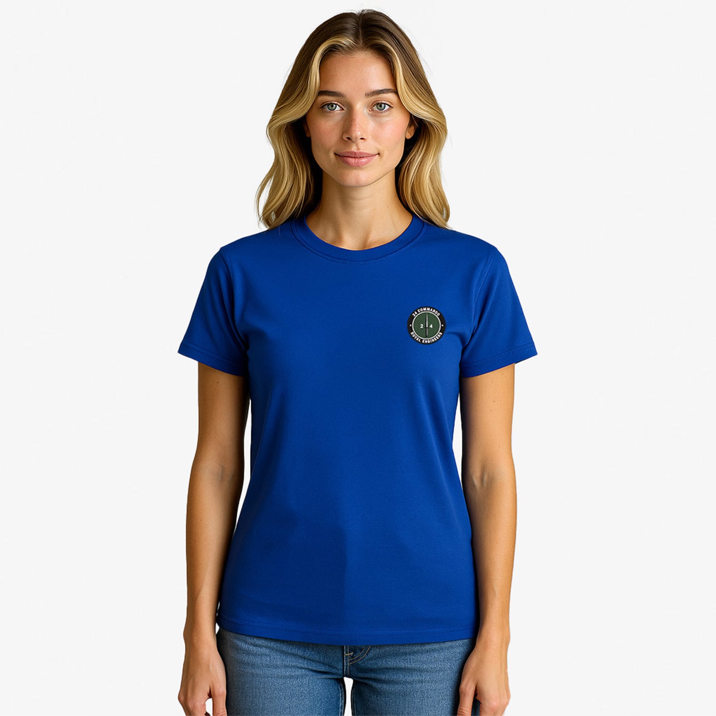 royal blue Embroidered T Shirt with 24 Commando Royal Engineers embroidered badge featuring a green circular patch with a black Fairbairn-Sykes fighting knife and white text. Military insignia for UK veterans and serving personnel.