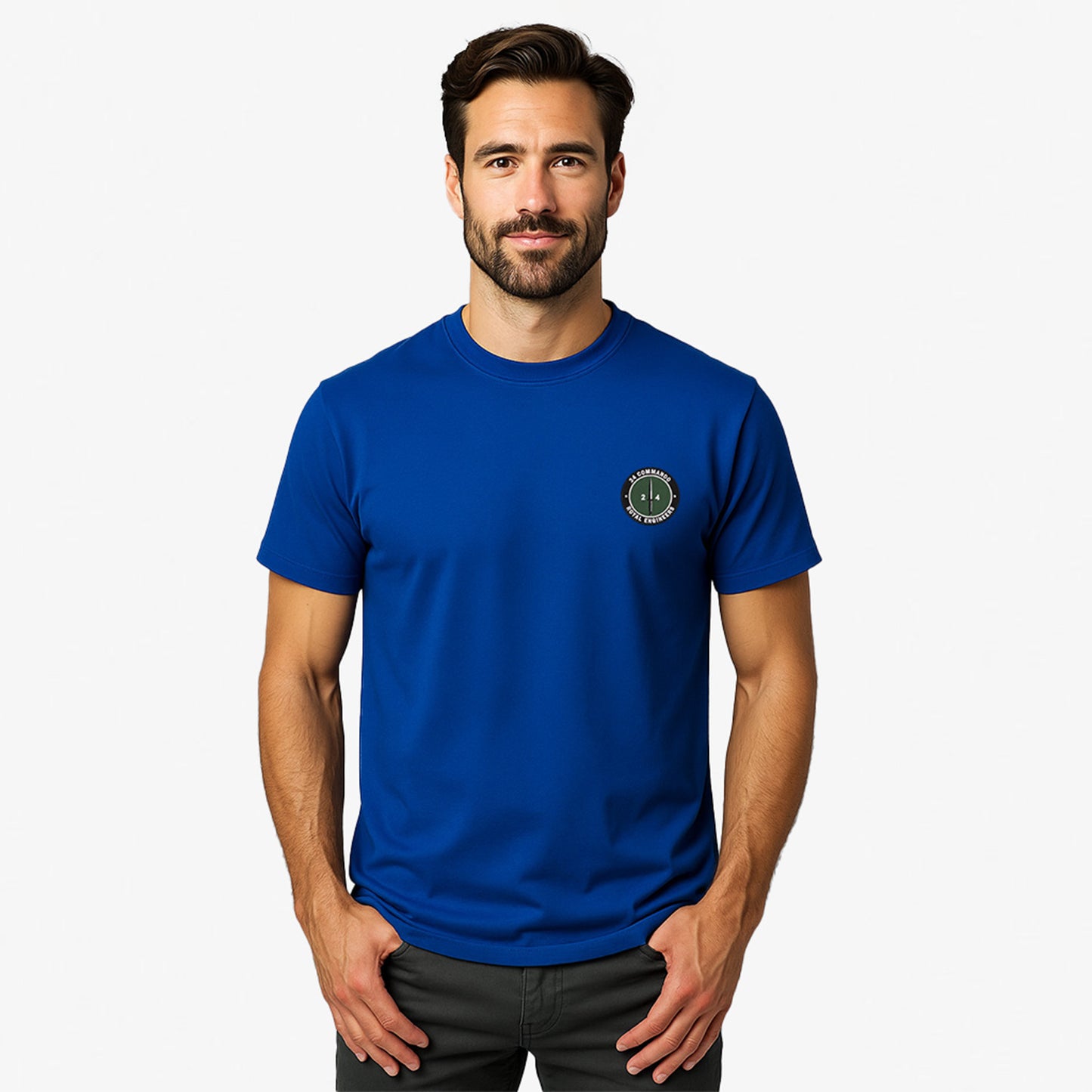 royal blue Embroidered T Shirt with 24 Commando Royal Engineers embroidered badge featuring a green circular patch with a black Fairbairn-Sykes fighting knife and white text. Military insignia for UK veterans and serving personnel.