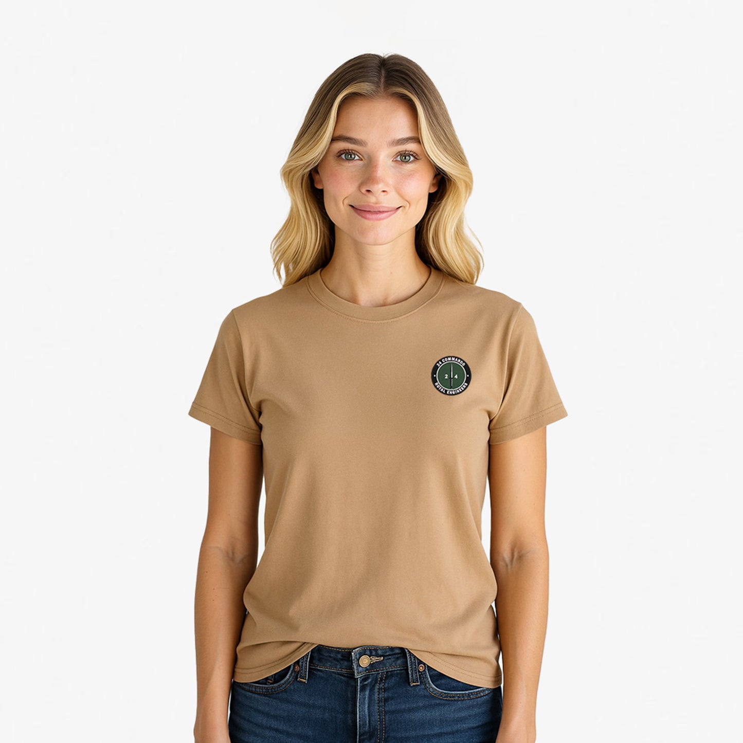 sand Embroidered T Shirt with 24 Commando Royal Engineers embroidered badge featuring a green circular patch with a black Fairbairn-Sykes fighting knife and white text. Military insignia for UK veterans and serving personnel.