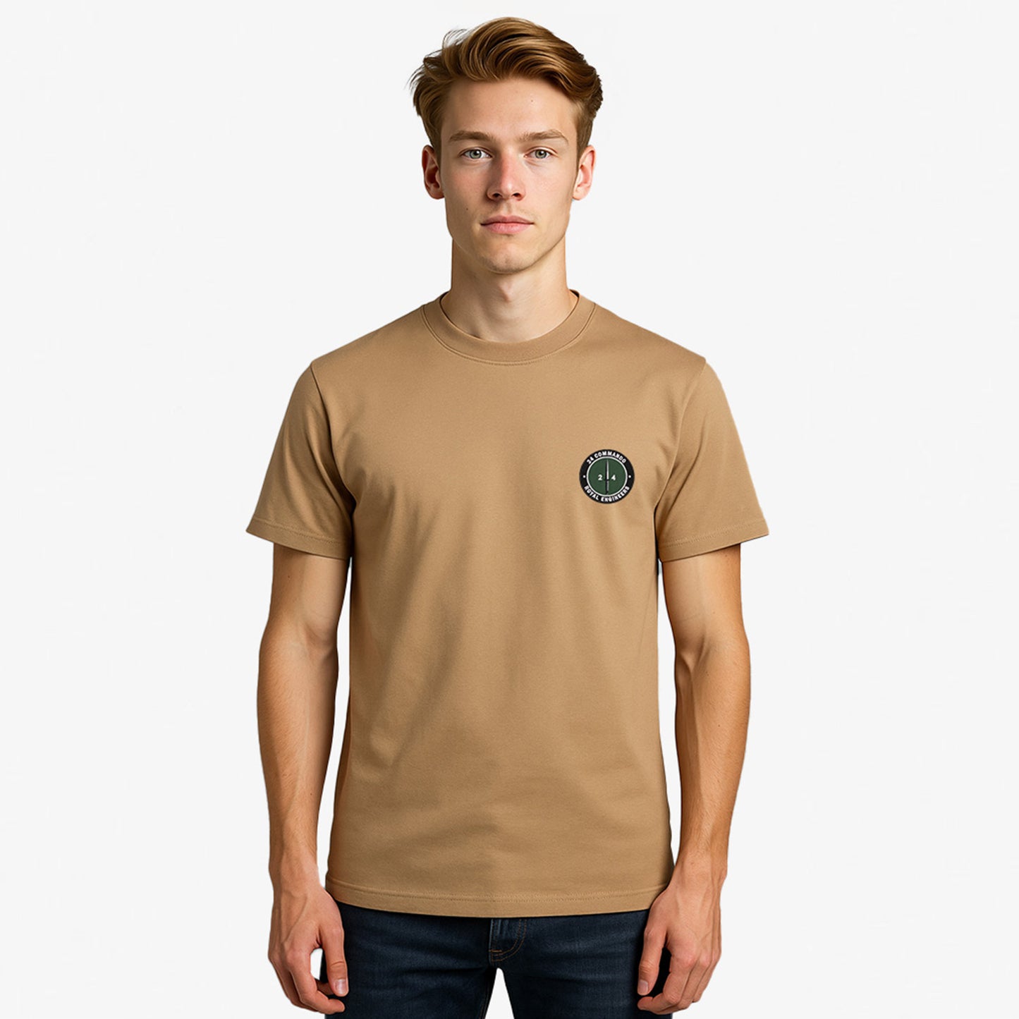 sand Embroidered T Shirt with 24 Commando Royal Engineers embroidered badge featuring a green circular patch with a black Fairbairn-Sykes fighting knife and white text. Military insignia for UK veterans and serving personnel.