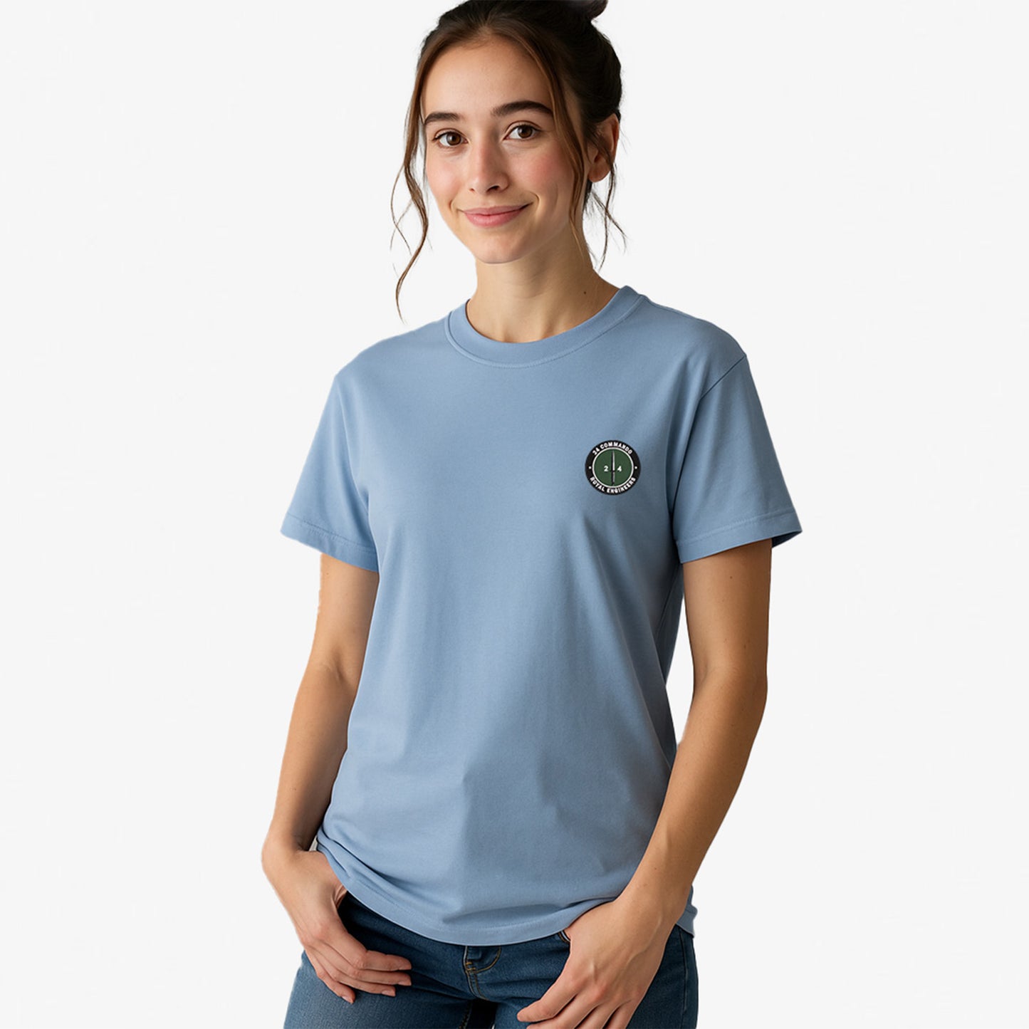 sky blue Embroidered T Shirt with 24 Commando Royal Engineers embroidered badge featuring a green circular patch with a black Fairbairn-Sykes fighting knife and white text. Military insignia for UK veterans and serving personnel.