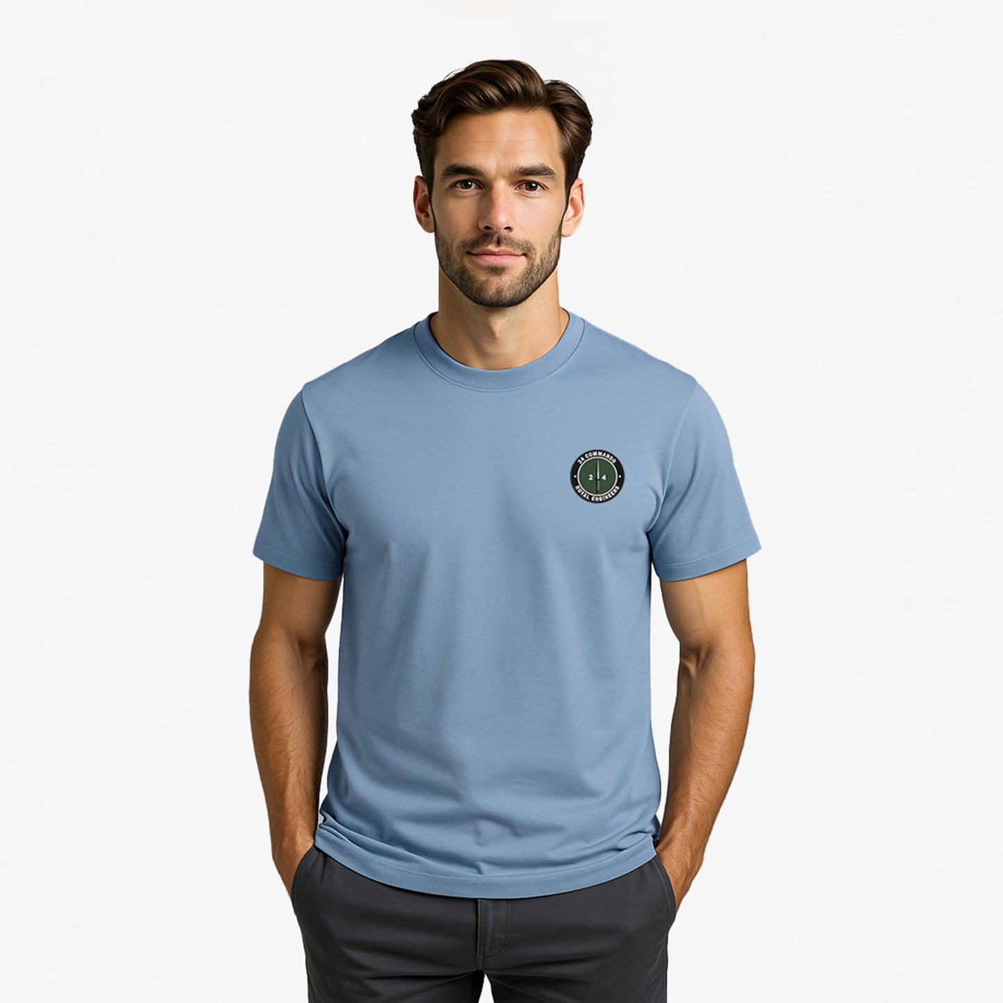 sky blue Embroidered T Shirt with 24 Commando Royal Engineers embroidered badge featuring a green circular patch with a black Fairbairn-Sykes fighting knife and white text. Military insignia for UK veterans and serving personnel.
