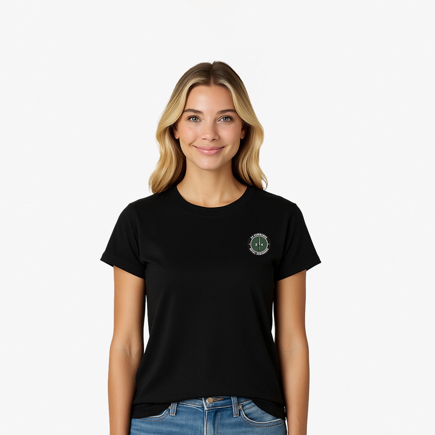 black Embroidered T Shirt with 24 Commando Royal Engineers embroidered badge featuring a green circular patch with a black Fairbairn-Sykes fighting knife and white text. Military insignia for UK veterans and serving personnel.