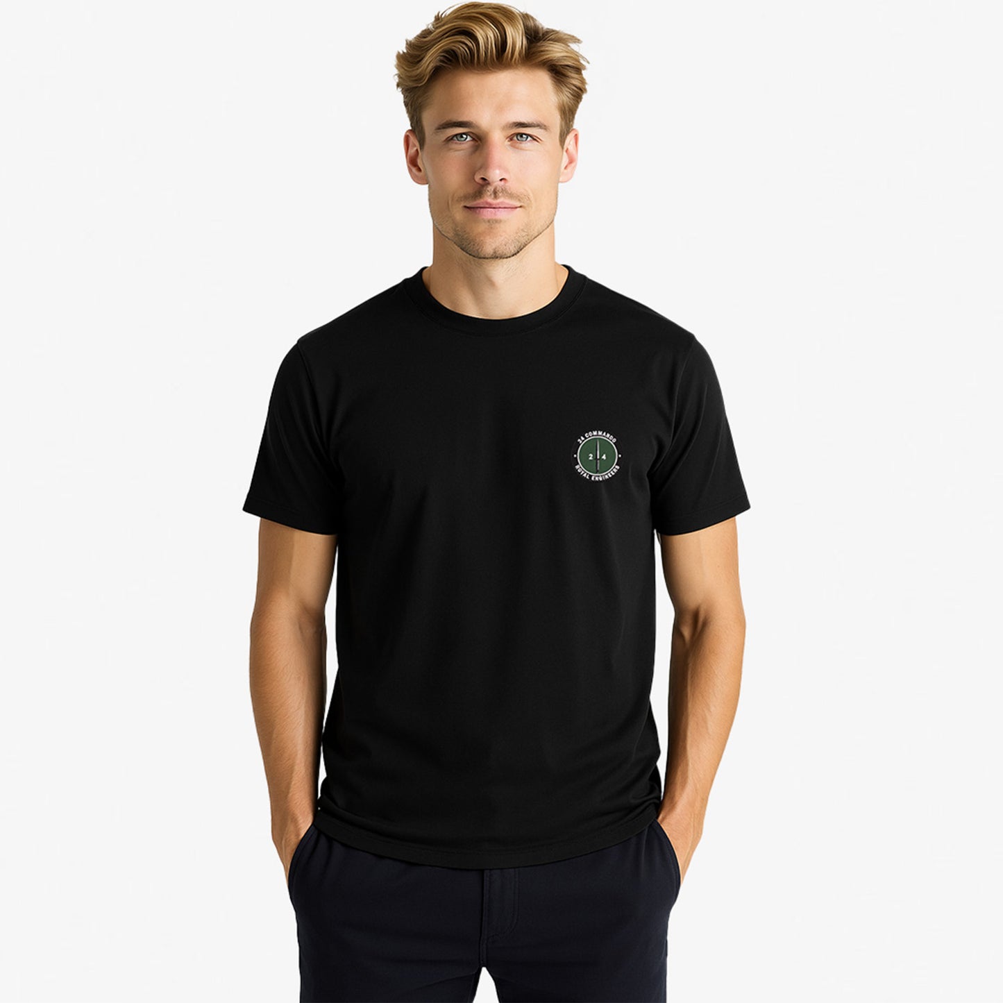 Black Embroidered T Shirt with 24 Commando Royal Engineers embroidered badge featuring a green circular patch with a black Fairbairn-Sykes fighting knife and white text. Military insignia for UK veterans and serving personnel.