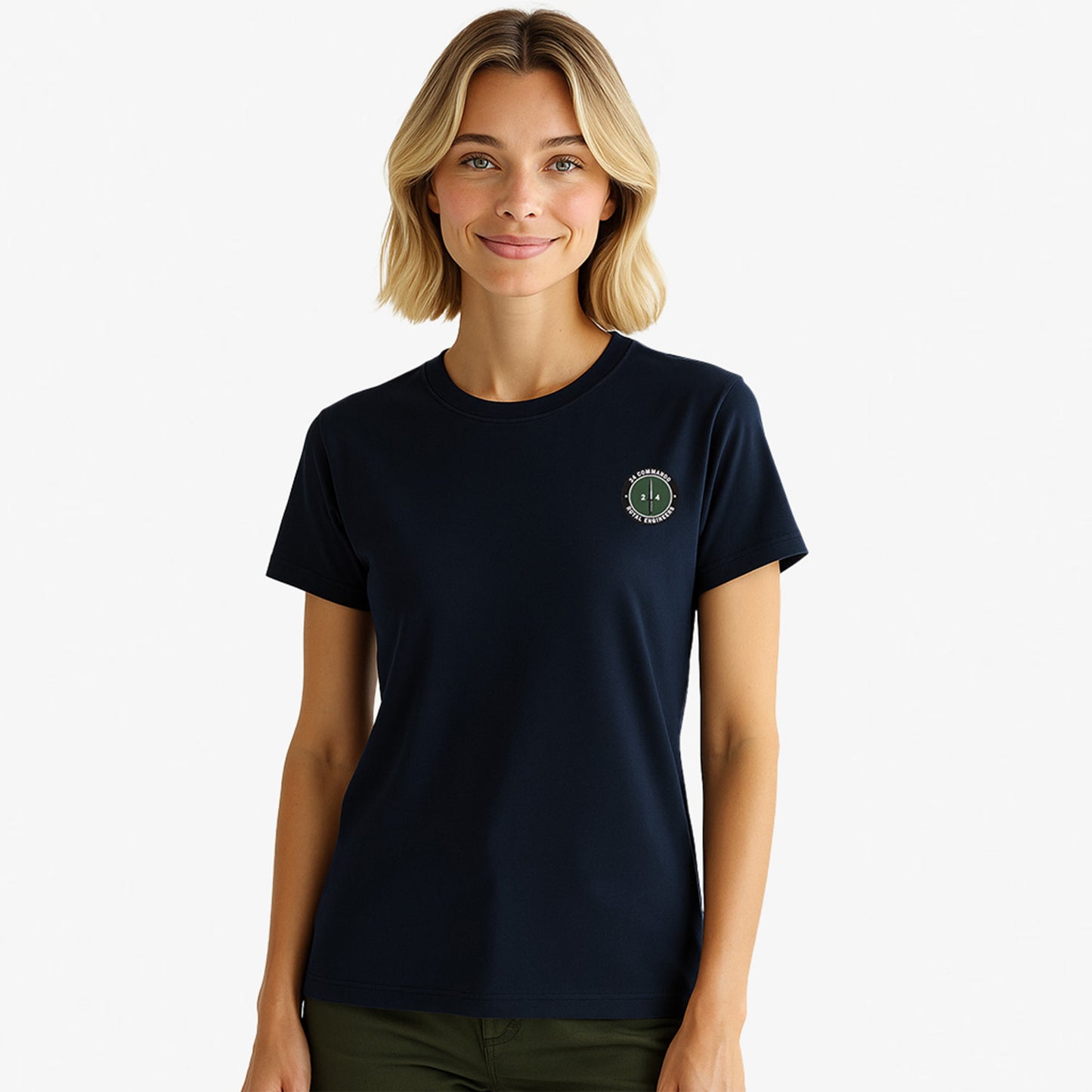Navy Embroidered T Shirt with 24 Commando Royal Engineers embroidered badge featuring a green circular patch with a black Fairbairn-Sykes fighting knife and white text. Military insignia for UK veterans and serving personnel.