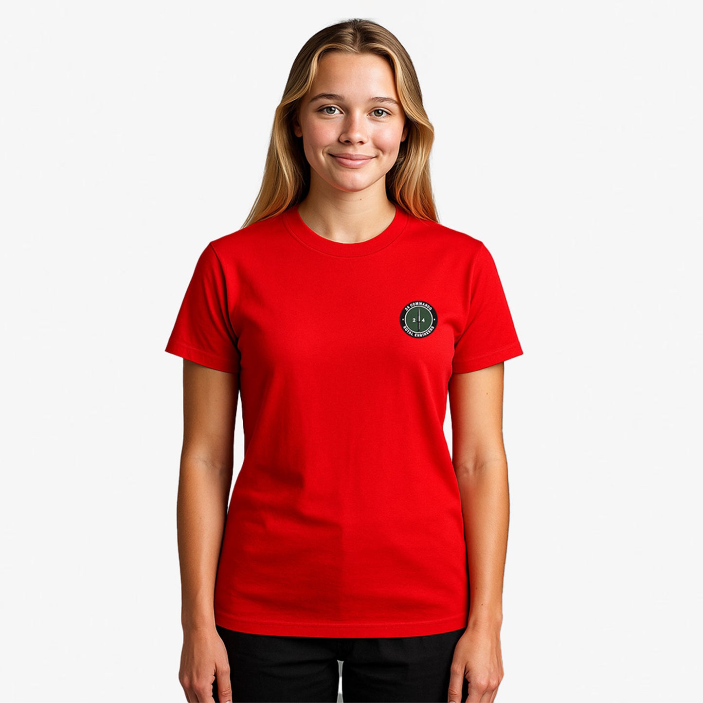 red Embroidered T Shirt with 24 Commando Royal Engineers embroidered badge featuring a green circular patch with a black Fairbairn-Sykes fighting knife and white text. Military insignia for UK veterans and serving personnel.
