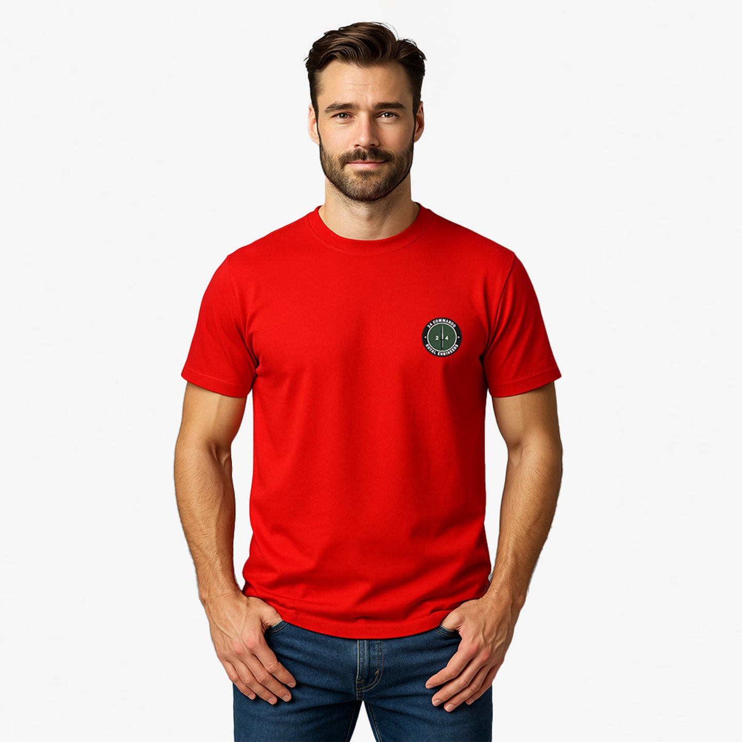 red Embroidered T Shirt with 24 Commando Royal Engineers embroidered badge featuring a green circular patch with a black Fairbairn-Sykes fighting knife and white text. Military insignia for UK veterans and serving personnel.