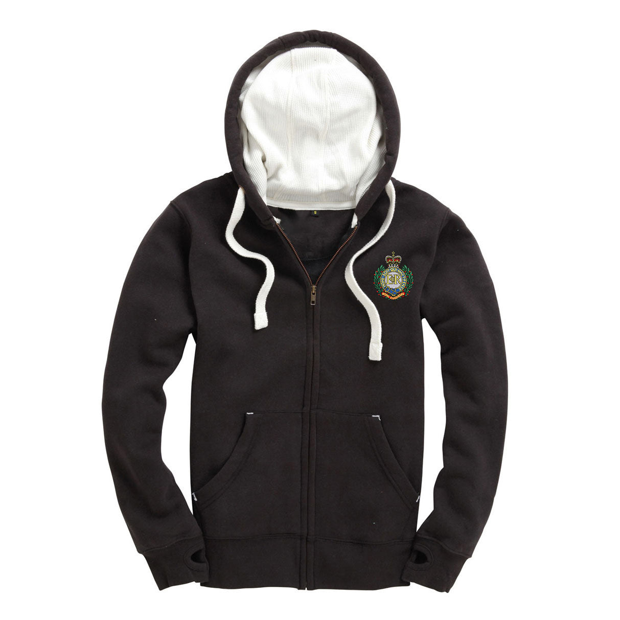 Dusty black zip-up hoodie laid flat on a white background, featuring a Royal Engineers crest on the left chest, with cream drawstrings and a white hood lining.