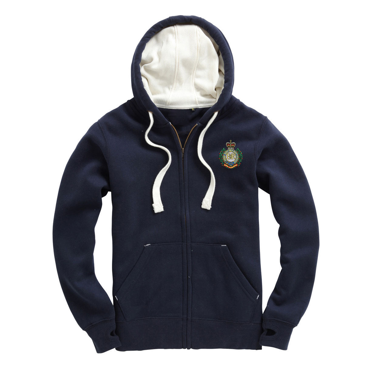 French navy zip-up hoodie laid flat on a white background, featuring a Royal Engineers crest on the left chest, with cream drawstrings and a white hood lining.