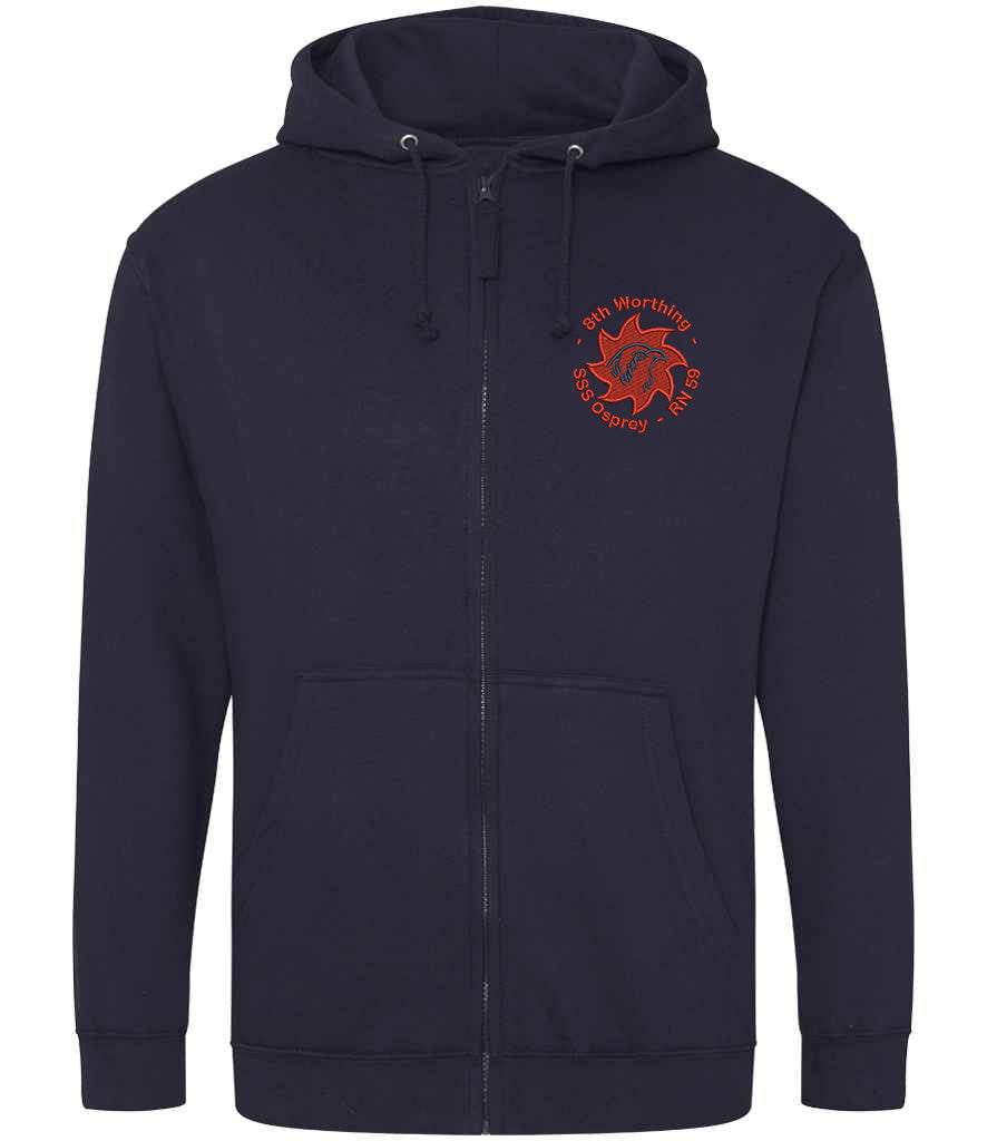 8th Worthing Sea Scouts Embroidered Zoodie with full-length zip and logo in navy blue.