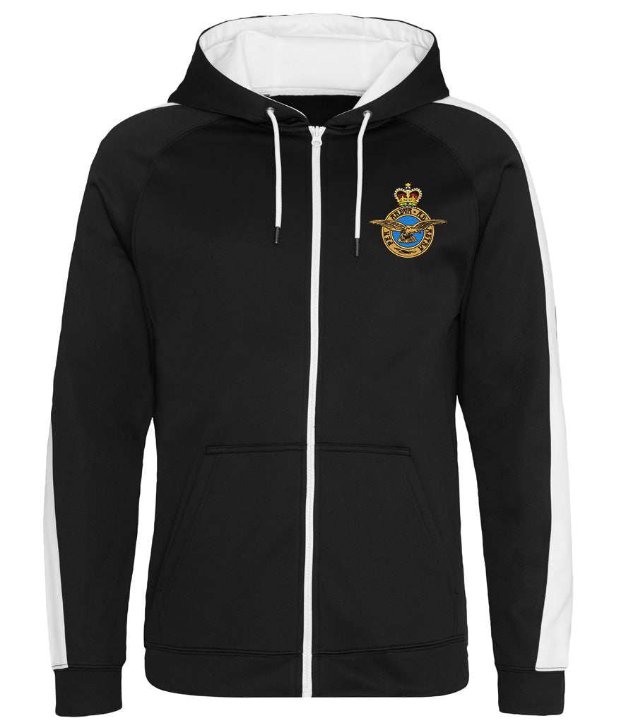 Royal Air Force sports hoodie with badge, black and white polyester design.