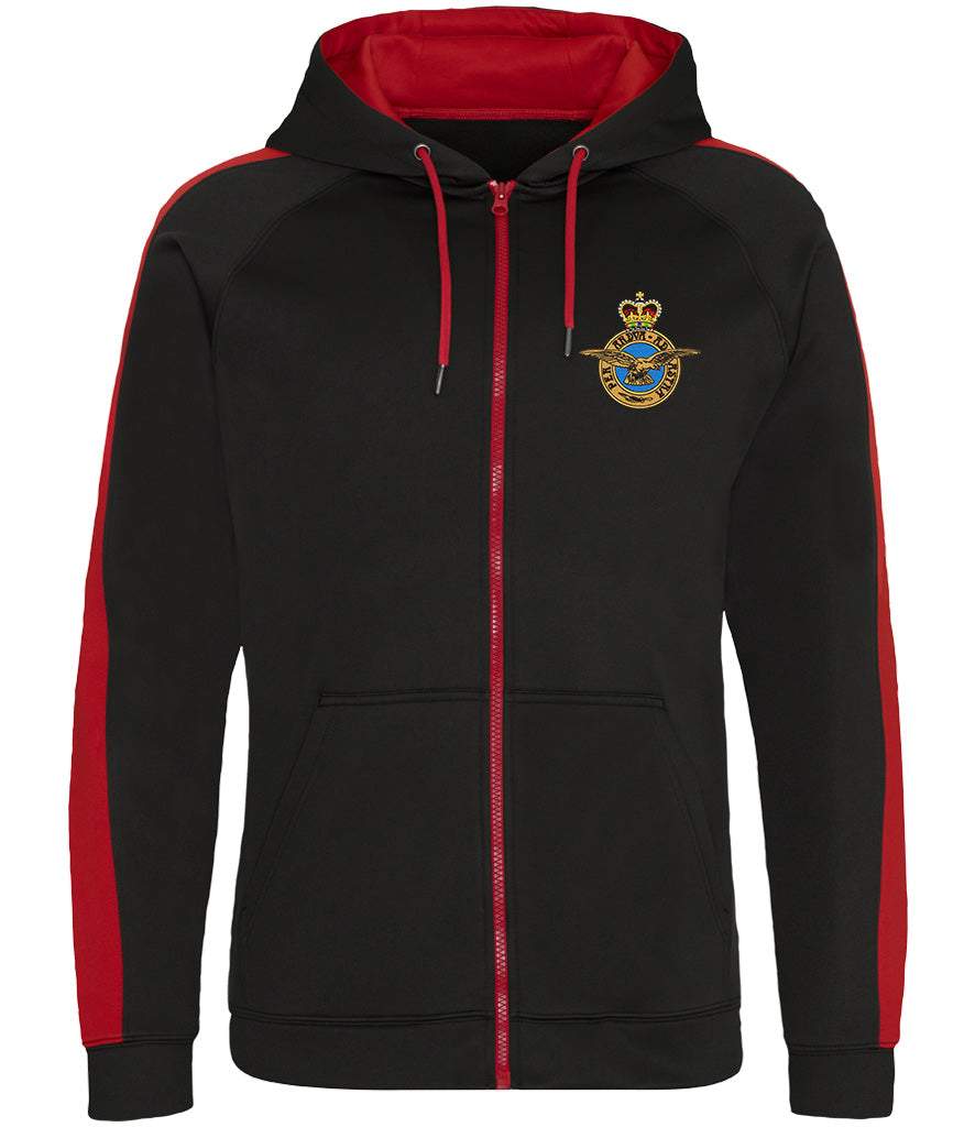 Royal Air Force Veterans Polyester Hoodie with badge, black and red design.
