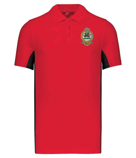 Queens Regiment Bi Colour Polo Shirt, two-tone design, embroidered emblem, polyester-cotton blend, classic three-button placket.