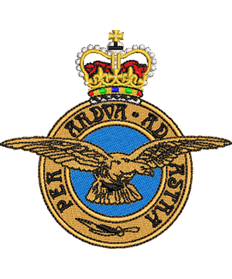 Royal Air Force (RAF) emblem featuring a golden eagle with outstretched wings on a blue circular background, encircled by a golden banner with the Latin motto 'Per Ardua Ad Astra.' A detailed crown sits atop the emblem. Transparent background. Military insignia, RAF badge, aviation symbol, British Air Force, embroidered logo, UK armed forces.
