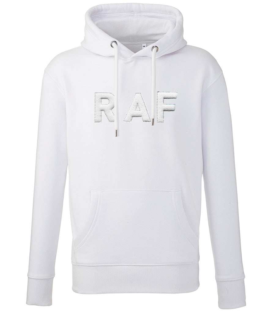 Royal Air Force white hoodie with "RAF" 3D puff embroidery and front pouch pocket.