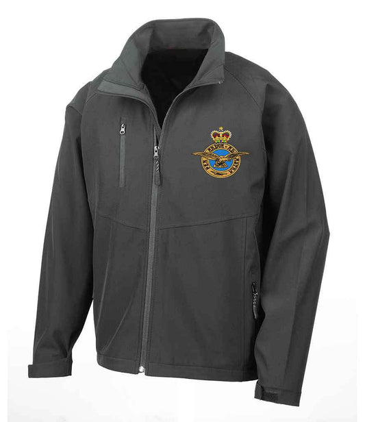 Royal Airforce Veterans Soft Shell Jacket with badge, durable polyester-elastane blend.
