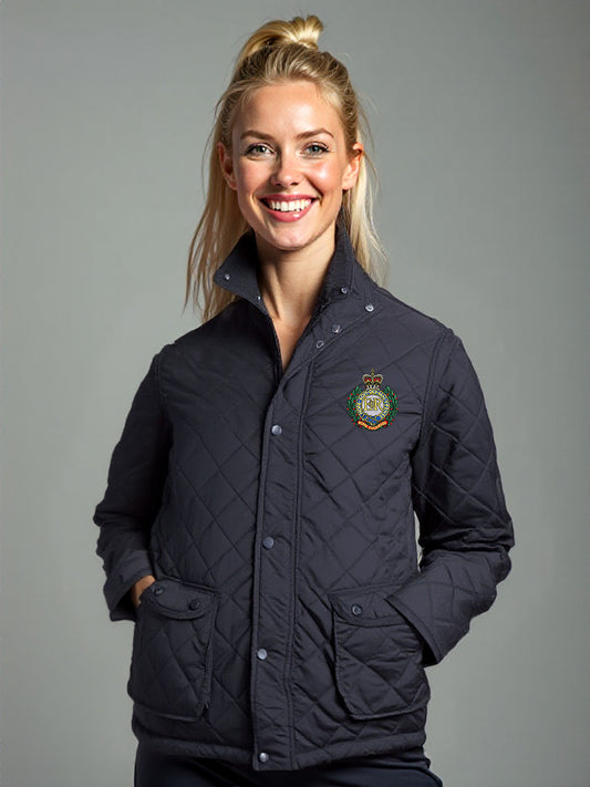 “Female model wearing a women’s Royal Engineers black diamond-quilted field jacket with fleece-lined stand collar, snap-front placket, dual flap pockets and side-entry pockets, featuring the embroidered Royal Engineers logo on the left breast.”