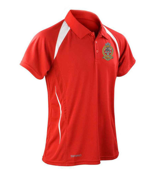 Red polo shirt featuring The Princess of Wales's Royal Regiment emblem with white contrast panels, flat knit ribbed collar, and three-button placket.