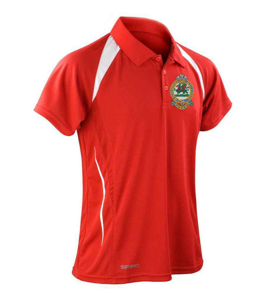 Queens Regiment team spirit polo shirt, red with emblem, durable polyester-cotton blend, features sporty design with contrast panels.