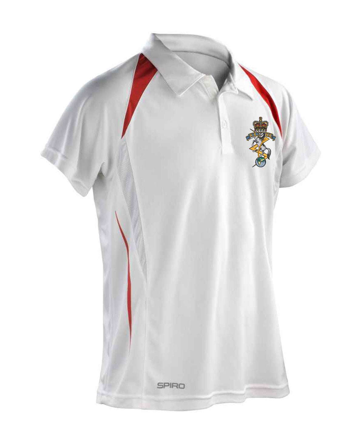 Navy and white REME Spyro polo shirt with embroidered REME logo, featuring Cool-Dry® panels and contrast design.