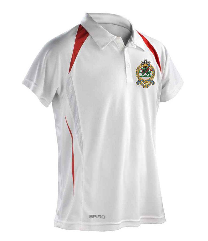 Queens Regiment Kariban Flag Polo Shirt with emblem, polyester-cotton blend, flat knit collar, red contrast panels.