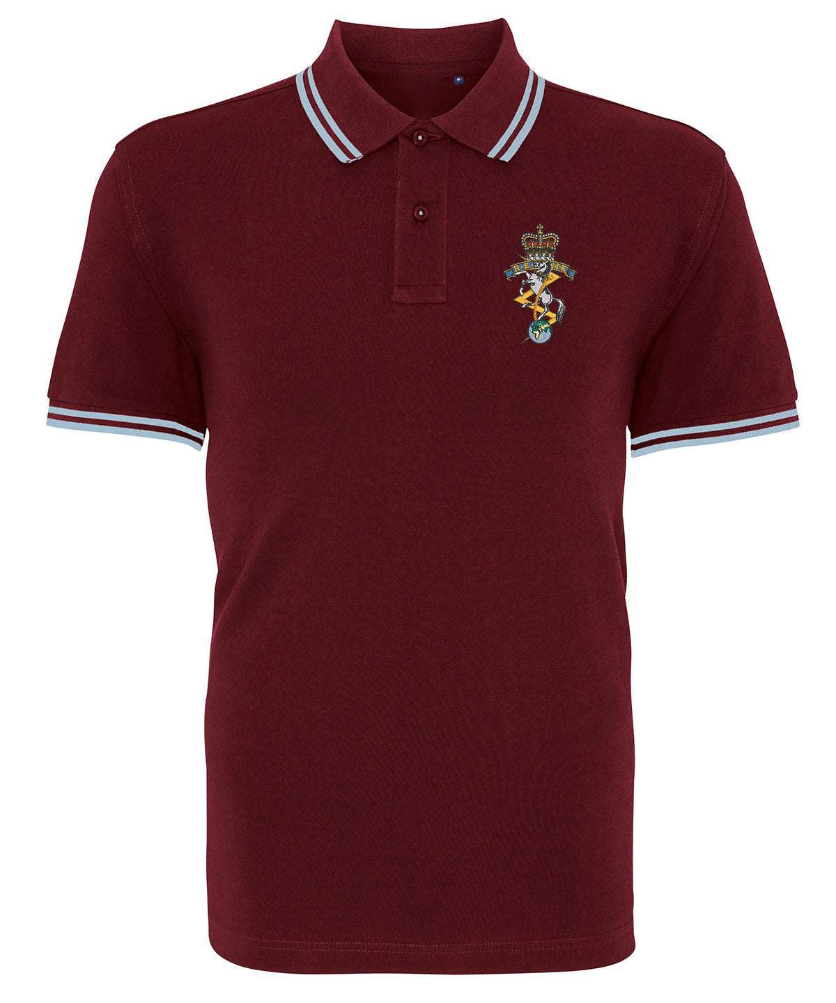 Navy REME tipped polo shirt with embroidered cypher logo, cotton-poly blend, light blue collar and sleeve accents.