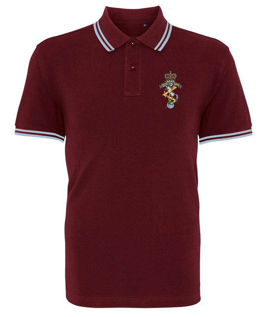 Navy REME tipped polo shirt with embroidered cypher logo, cotton-poly blend, light blue collar and sleeve accents.