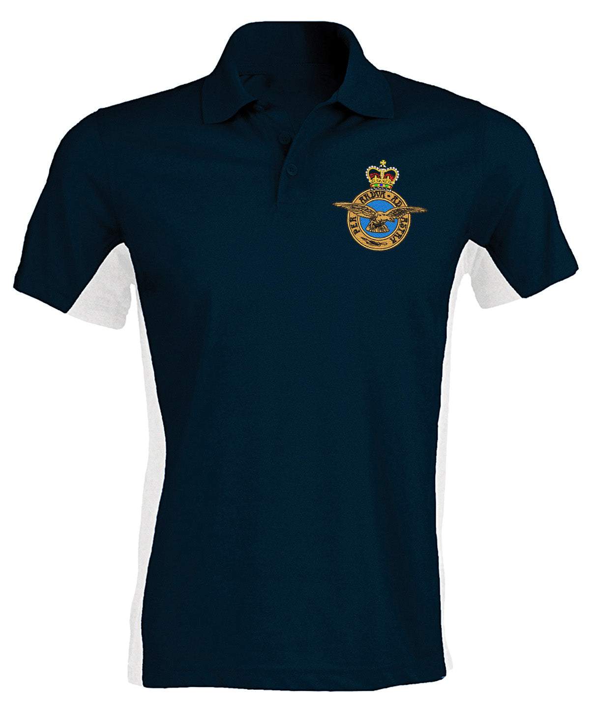 Royal Air Force Bi Colour Polo Shirt navy and white with King's and Queen's Cypher logo.