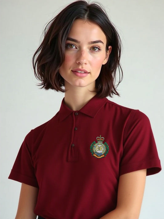 Women's maroon Royal Engineers polo shirt featuring embroidered crest on front and bold Sapper logo printed on back. Tailored fit with buttoned collar for a smart, structured look.