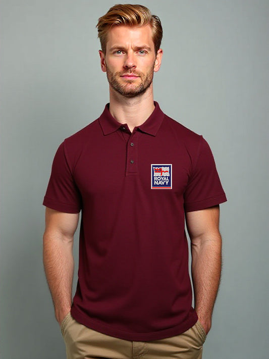 Men's Royal Navy maroon polo shirt with premium embroidered Royal Navy logo. Classic fit forces polo shirt designed for military personnel, veterans, and Royal Navy supporters. Durable and stylish military-grade apparel.