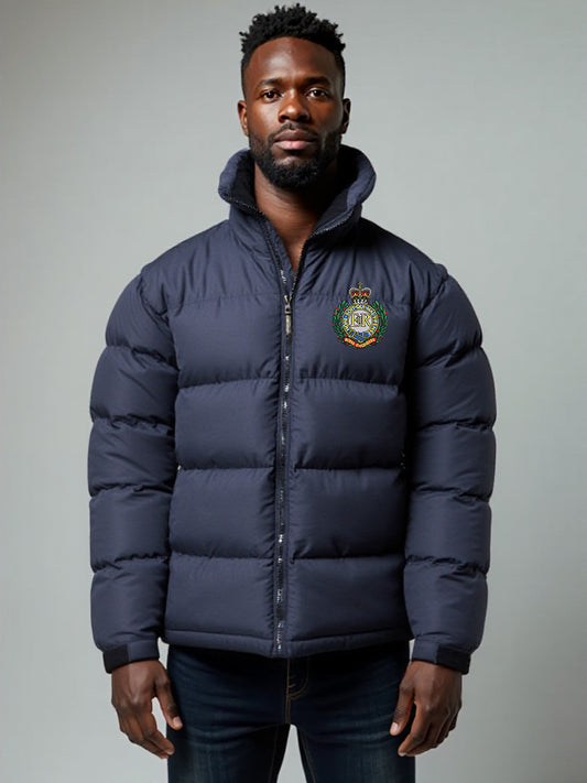 Men’s Royal Engineers official navy quilted down puffer jacket with stand-up collar, full-length front zipper, side pockets and embroidered Royal Engineers Logo on left breast.