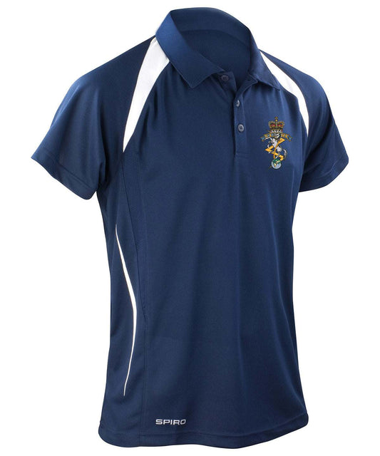 Navy and white REME Spyro Team Spirit Polo Shirt with embroidered logo and moisture-wicking fabric.