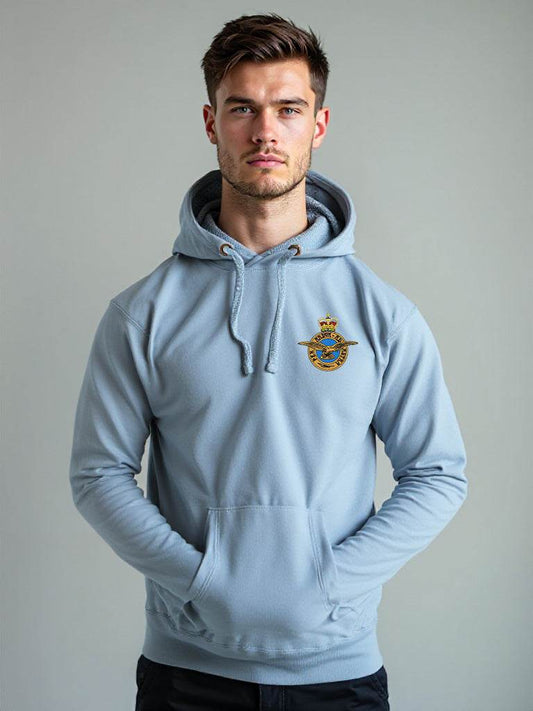 Male model wearing Royal Air Force hoodie with embroidered logo in sky blue, official RAF crest pullover with drawstring hood and front pocket, military-style men’s hoodie.