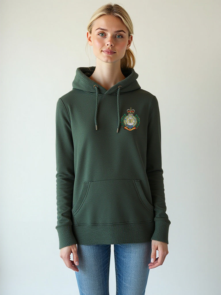 Female model wearing a forest green pullover hoodie with Royal Engineers crest on the left chest.