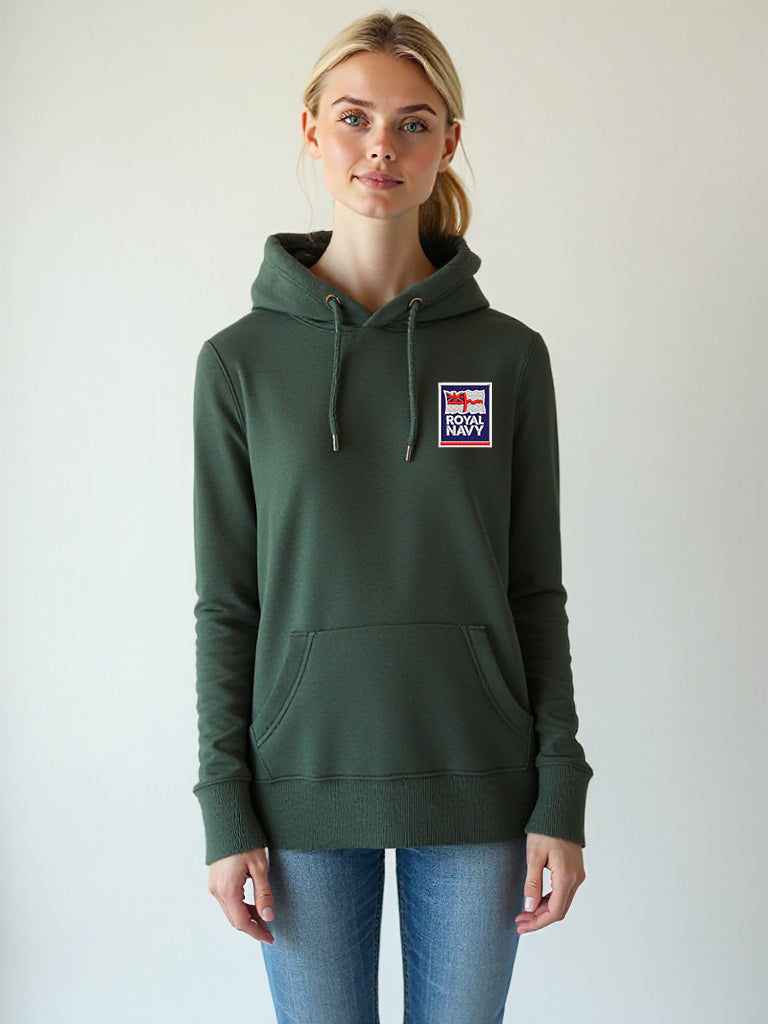 Female model dressed in a forrest green hoodie with the Royal Navy emblem stitched on the left chest, posing casually.