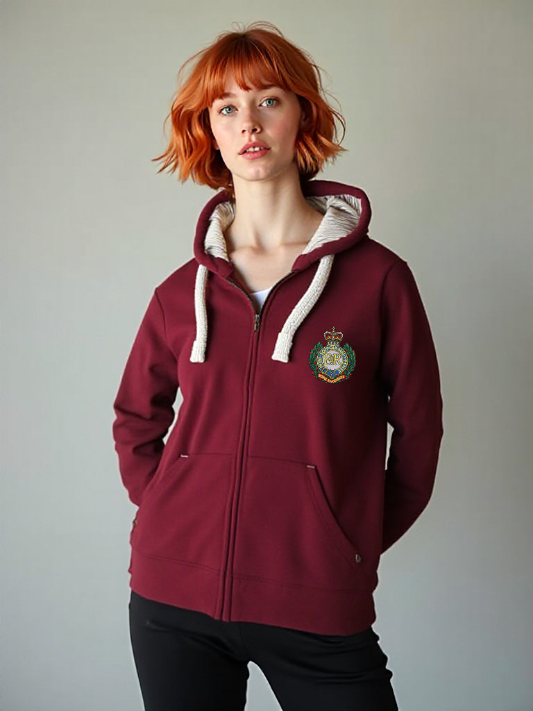 Royal Engineers Full Zip Hoodie in Maroon – Female Model Wearing Hoodie with Embroidered Royal Engineers Crest on Chest