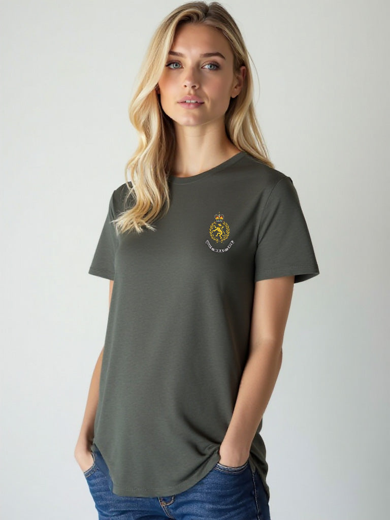 Female model in a charcoal WRAC t-shirt with the WRAC crest embroidered on the left chest, posed against a plain light background.