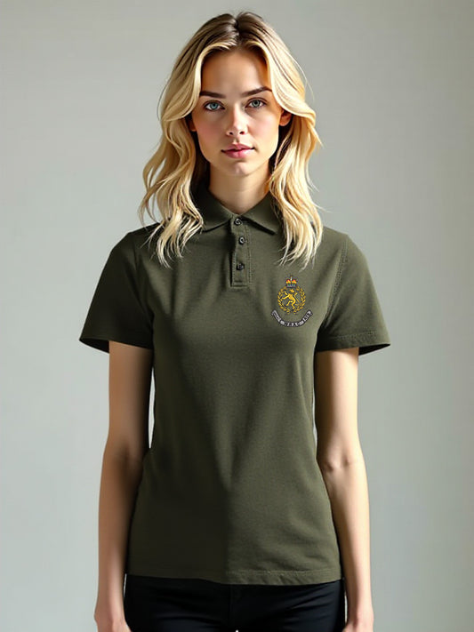 Female model wearing a khaki WRAC polo shirt with the WRAC insignia on the left chest, posed naturally against a neutral background.