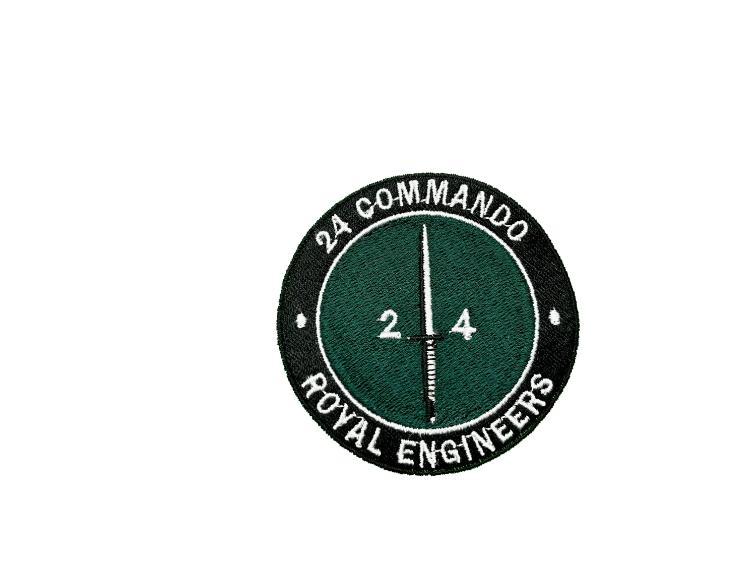 24 Commando Royal Engineers embroidered insignia patch with green and black military design, ideal for British Army veteran clothing and tactical apparel.