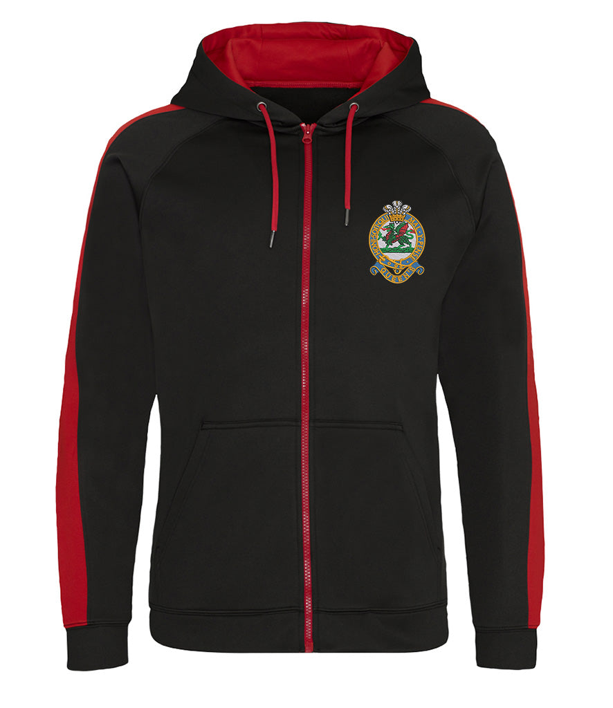 Black and red Queen’s Regiment zip hoodie with embroidered military crest – British Army veterans clothing, Queen’s Regiment apparel, ex-forces hoodie UK.